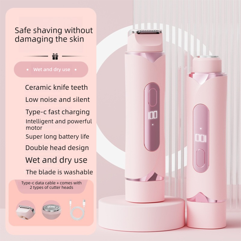 Pink 2-in-1 Electric Hair Trimmer and Shaver with Digital LED Display - Dual Head Grooming Kit with Type-C Charging for Body, Bikini Line and Precision Trimming