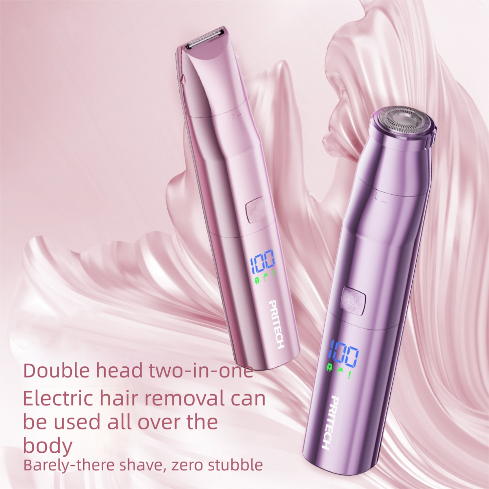 Purple Women's 2-in-1 Waterproof Electric Shaver and Trimmer - Rechargeable Bikini Body Hair Remover with Ceramic Blades, LCD Display and 180 Min Runtime for Bikini Line, Legs and Body