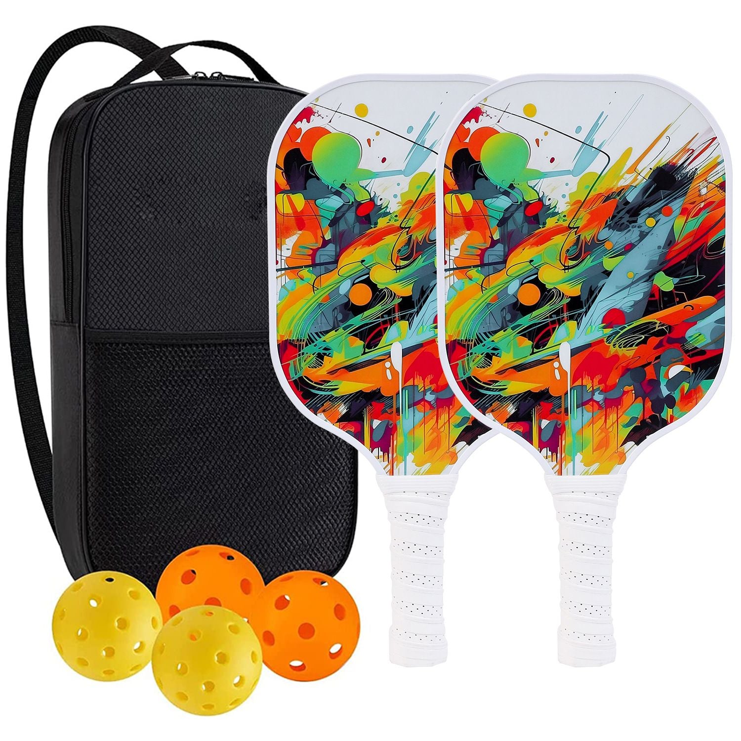 Fiberglass Pickleball Paddle Set - Multicolour Abstract Graffiti Design with White Edge and Grip, 2 Paddles with 4 Pickleballs for Outdoor Courts, Clubs and Recreational Play