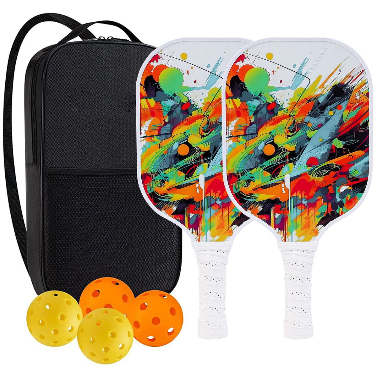 Fiberglass Pickleball Paddle Set - Multicolour Abstract Graffiti Design with White Edge and Grip, 2 Paddles with 4 Pickleballs for Outdoor Courts, Clubs and Recreational Play