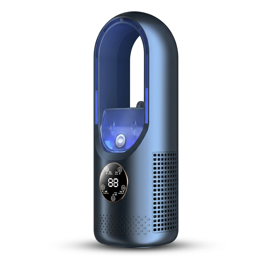 Blue Bladeless Misting Desk Fan - 30.5cm USB Powered 3 Speed Personal Cooling Fan with Mist Function, LCD Display, Timer and 7 Colour Ambient Light