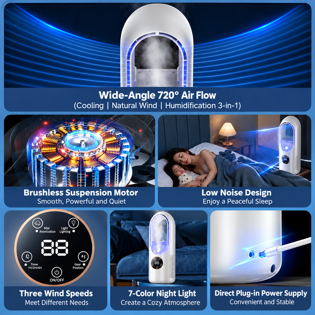 White Bladeless Misting Desk Fan - 30.5cm USB Powered 3 Speed Personal Cooling Fan with Mist Function, LCD Display, Timer and 7 Colour Ambient Light