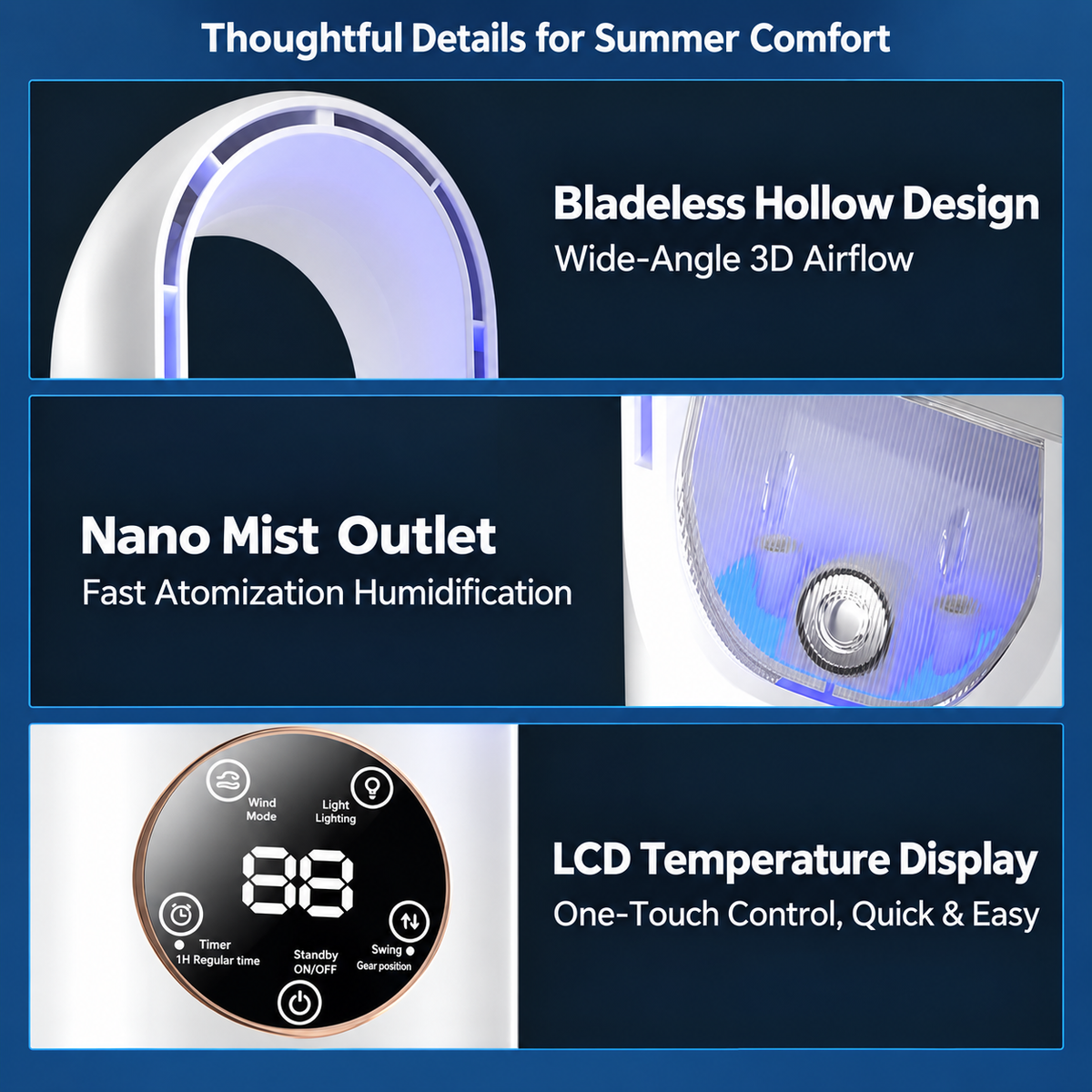 White Bladeless Misting Desk Fan - 30.5cm USB Powered 3 Speed Personal Cooling Fan with Mist Function, LCD Display, Timer and 7 Colour Ambient Light