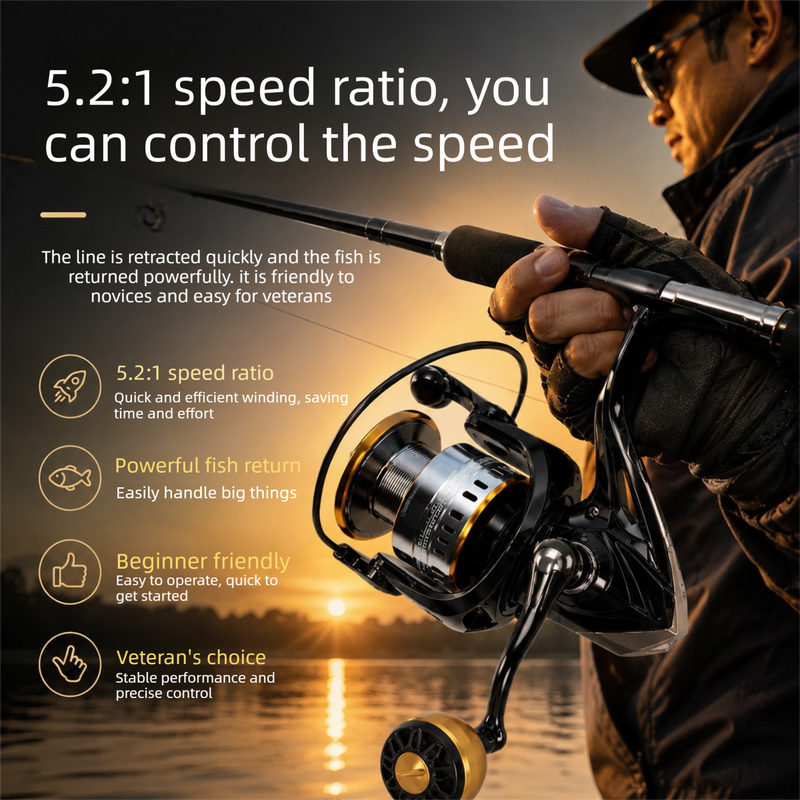 1000 Size Spinning Fishing Reel - 5.2:1 Gear Ratio Metal Reel with Front Drag, Foldable Left or Right Handle and Large Grip Knob for Light Tackle Fishing