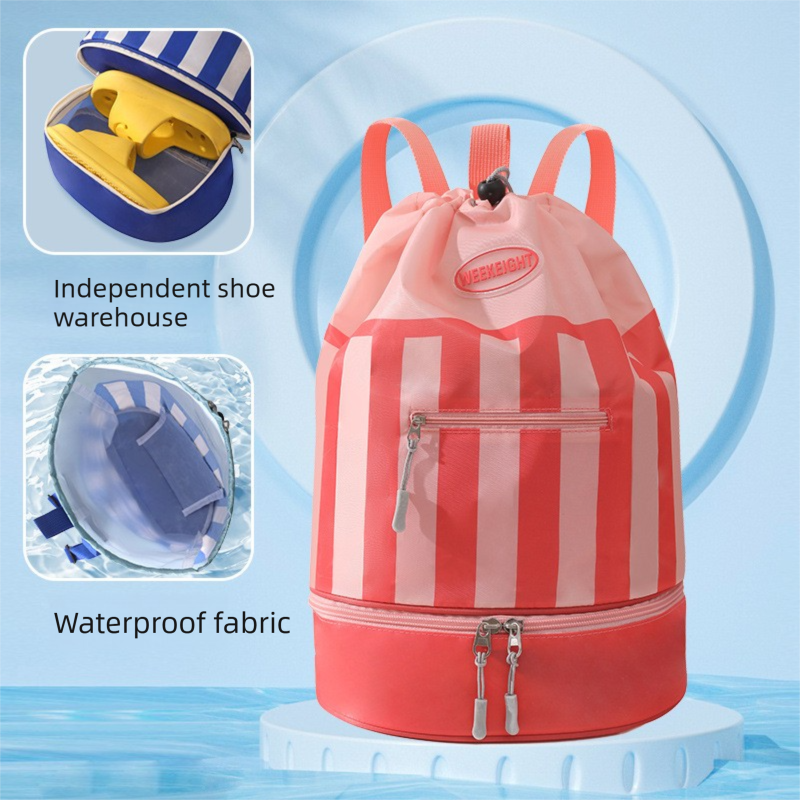 Pink Swim Backpack with Separate Shoe Compartment - 39 x 29 cm Drawstring Sports Bag with Front Zip Pocket and Adjustable Shoulder Straps for Beach, Pool, Gym and Travel