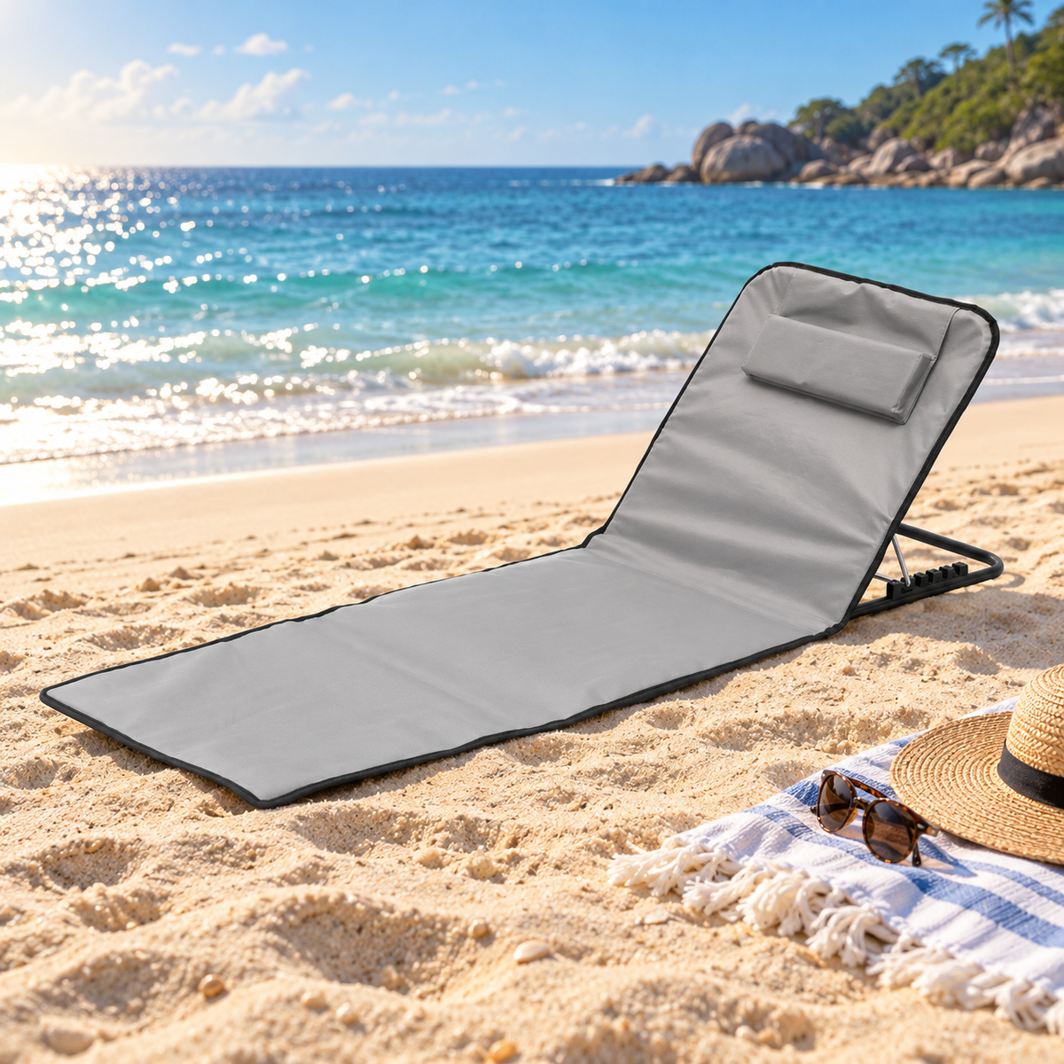 Grey Adjustable Folding Beach Mat with Backrest - 5 Position Reclining Lounger with Built In Pillow, 600D Oxford Fabric and Portable Carry Bag for Beach, Camping and Outdoor Relaxing