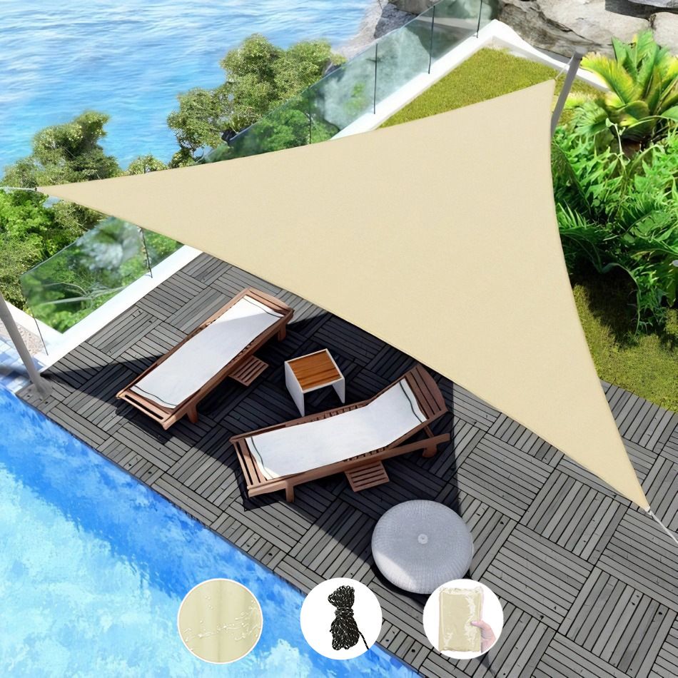 3 x 3 m Beige Triangle Shade Sail - Silver Coated Outdoor Sun Shade Canopy with Reinforced Corners and Ropes for Patio, Garden, Backyard, Balcony and Poolside