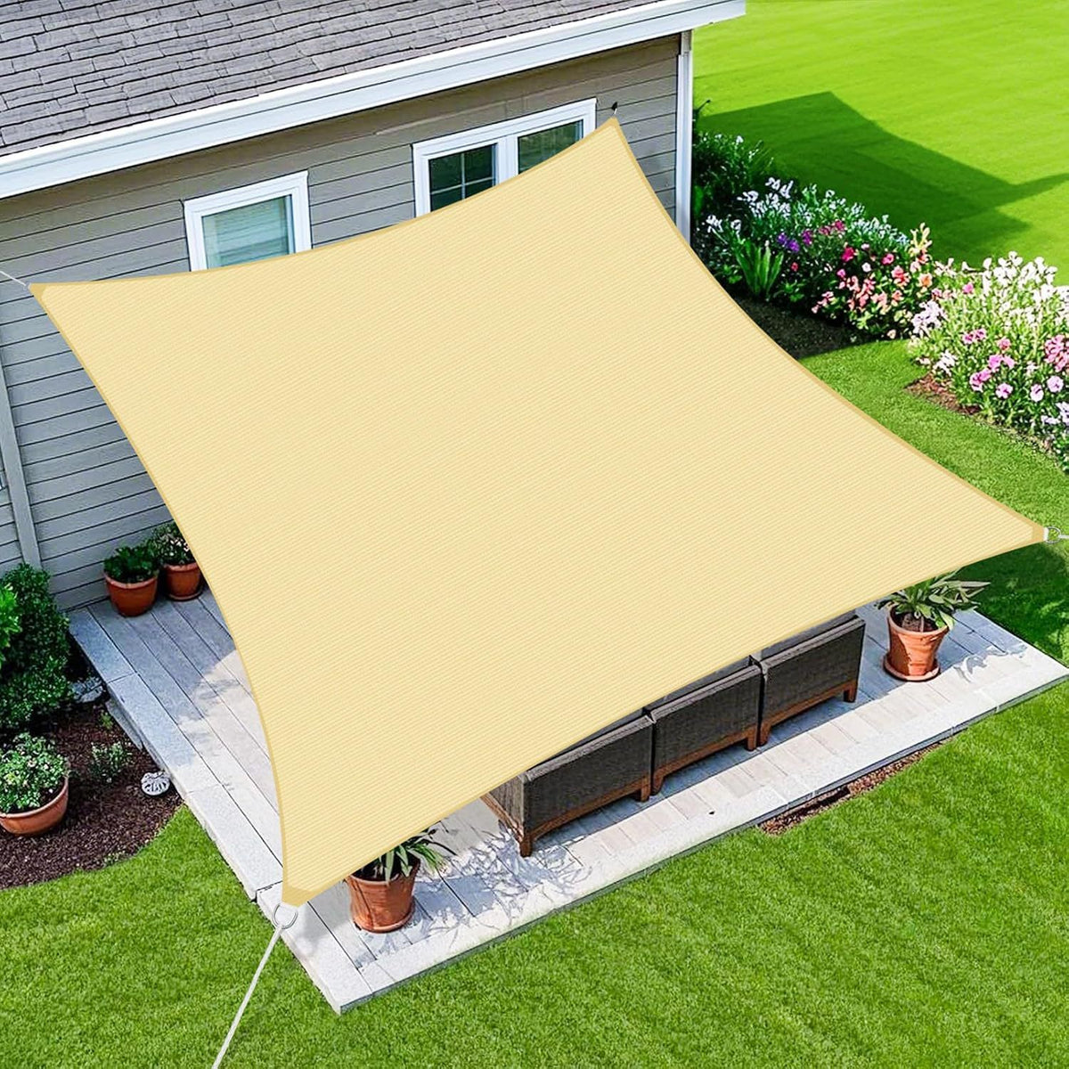 3 x 3 m Square HDPE Shade Sail - Beige Breathable Outdoor Sun Shade Canopy with Reinforced Edges and Metal D Rings for Patio, Garden, Backyard and Poolside