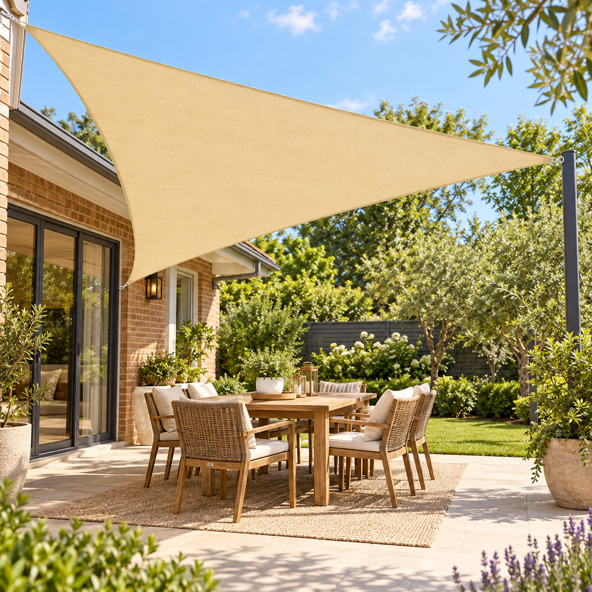 3 x 3 x 3 m Triangle HDPE Shade Sail - Beige Breathable Outdoor Sun Shade Canopy with Reinforced Edges and Metal D Rings for Patio, Garden, Backyard and Poolside