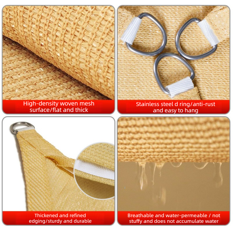 3 x 3 x 3 m Triangle HDPE Shade Sail - Beige Breathable Outdoor Sun Shade Canopy with Reinforced Edges and Metal D Rings for Patio, Garden, Backyard and Poolside