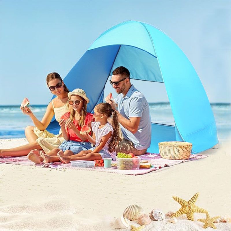 Small Pop Up Beach Tent - 145 x 165 x 110 cm Blue Portable Sun Shelter with Rear Mesh Vent, Sand Pocket, Extended Floor and Carry Bag for Beach and Outdoor Use