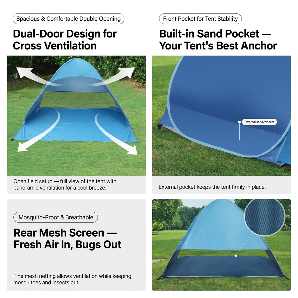 Small Pop Up Beach Tent - 145 x 165 x 110 cm Blue Portable Sun Shelter with Rear Mesh Vent, Sand Pocket, Extended Floor and Carry Bag for Beach and Outdoor Use