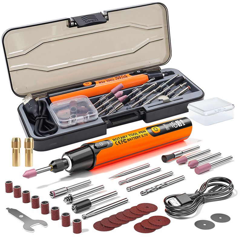 Orange Cordless Rotary Tool Kit - 3.7V USB-C Rechargeable Engraving Pen with LED Display, 6 Speed 16000RPM, Work Light and Accessories for Engraving, Grinding, Drilling and Polishing