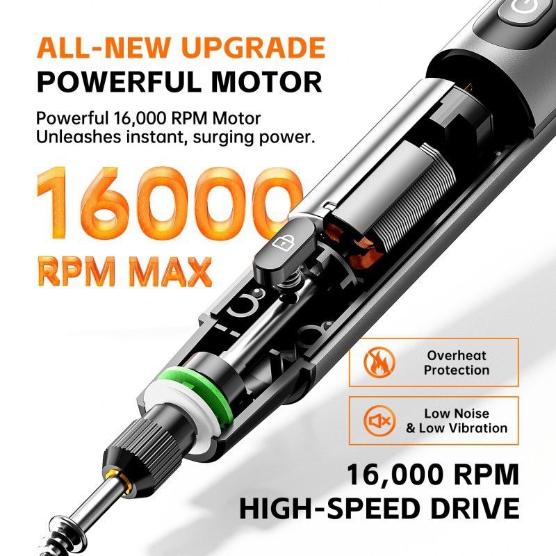 Orange Cordless Rotary Tool Kit - 3.7V USB-C Rechargeable Engraving Pen with LED Display, 6 Speed 16000RPM, Work Light and Accessories for Engraving, Grinding, Drilling and Polishing