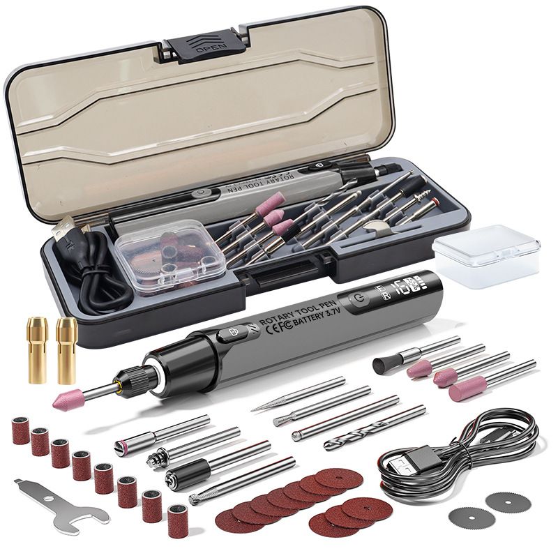 Gray Cordless Rotary Tool Kit - 3.7V USB-C Rechargeable Engraving Pen with LED Display, 6 Speed 16000RPM, Work Light and Accessories for Engraving, Grinding, Drilling and Polishing