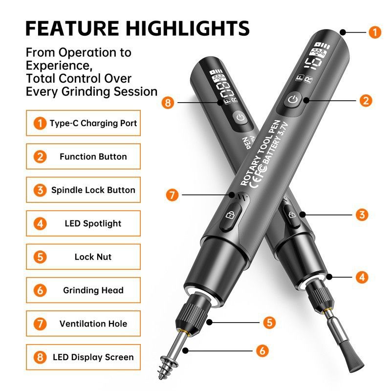 Gray Cordless Rotary Tool Kit - 3.7V USB-C Rechargeable Engraving Pen with LED Display, 6 Speed 16000RPM, Work Light and Accessories for Engraving, Grinding, Drilling and Polishing