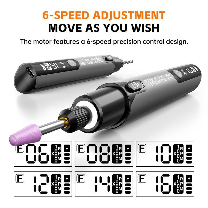 Gray Cordless Rotary Tool Kit - 3.7V USB-C Rechargeable Engraving Pen with LED Display, 6 Speed 16000RPM, Work Light and Accessories for Engraving, Grinding, Drilling and Polishing