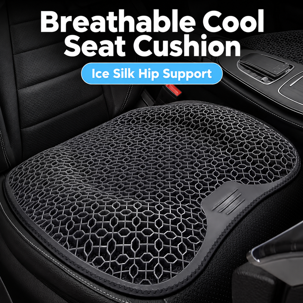 Black Breathable Gel Seat Cushion - 46 x 46 cm Honeycomb Cooling Car and Office Chair Pad with TPR Gel Surface, Foam Support and Reinforced Fabric Base for Everyday Sitting