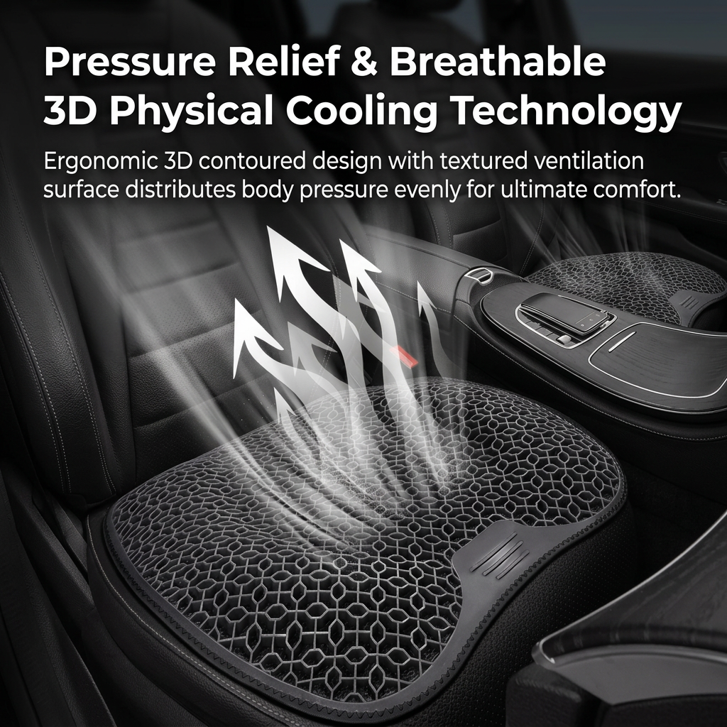 Black Breathable Gel Seat Cushion - 46 x 46 cm Honeycomb Cooling Car and Office Chair Pad with TPR Gel Surface, Foam Support and Reinforced Fabric Base for Everyday Sitting