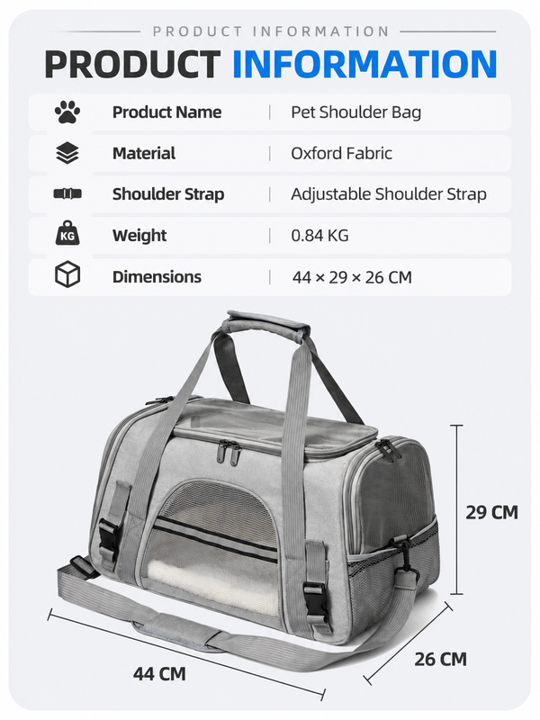 Grey Foldable Pet Carrier Bag - Breathable Mesh Soft Sided Travel Carrier, Handheld and Shoulder Carry Design for Cats and Small Dogs up to Approx. 7.5 kg