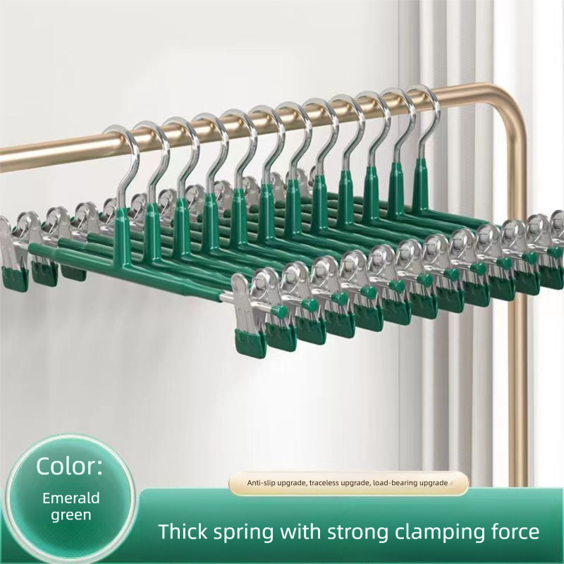 Green Adjustable Clip Pants Hanger - 31 cm Manganese Steel Core, Non Slip Soft Grip Clips, Space Saving Wardrobe Organiser for Trousers, Skirts and Underwear