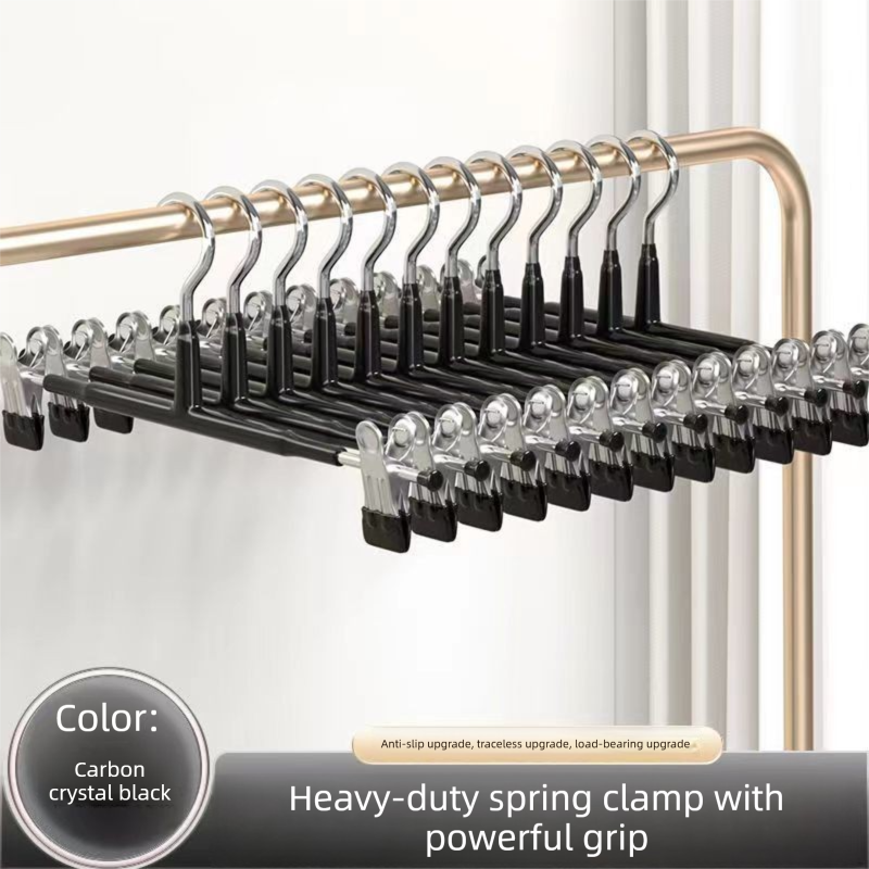 Black Adjustable Clip Pants Hanger - 31 cm Manganese Steel Core, Non Slip Soft Grip Clips, Space Saving Wardrobe Organiser for Trousers, Skirts and Underwear