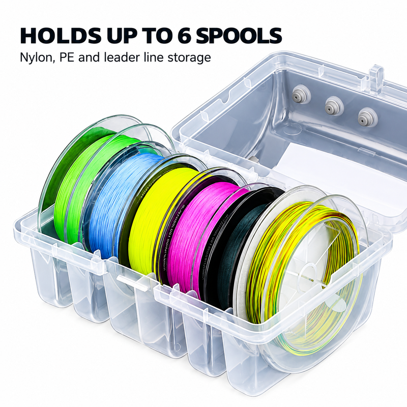 Fishing Line Spool Storage Box - Portable Transparent Multi Spool Organiser with Carry Handle, Tangle Free Line Management for Nylon, PE and Leader Tackle