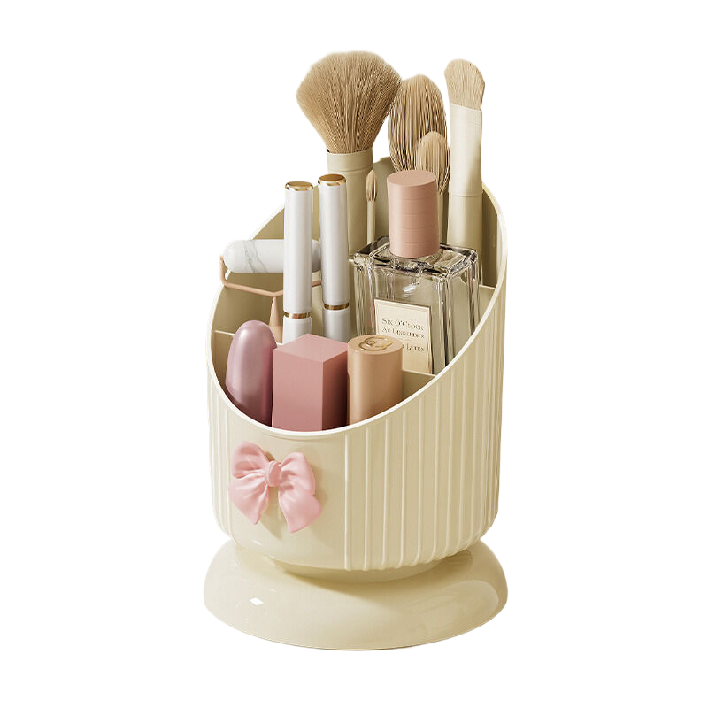 Large capacity cosmetic storage box cream white with bow tie