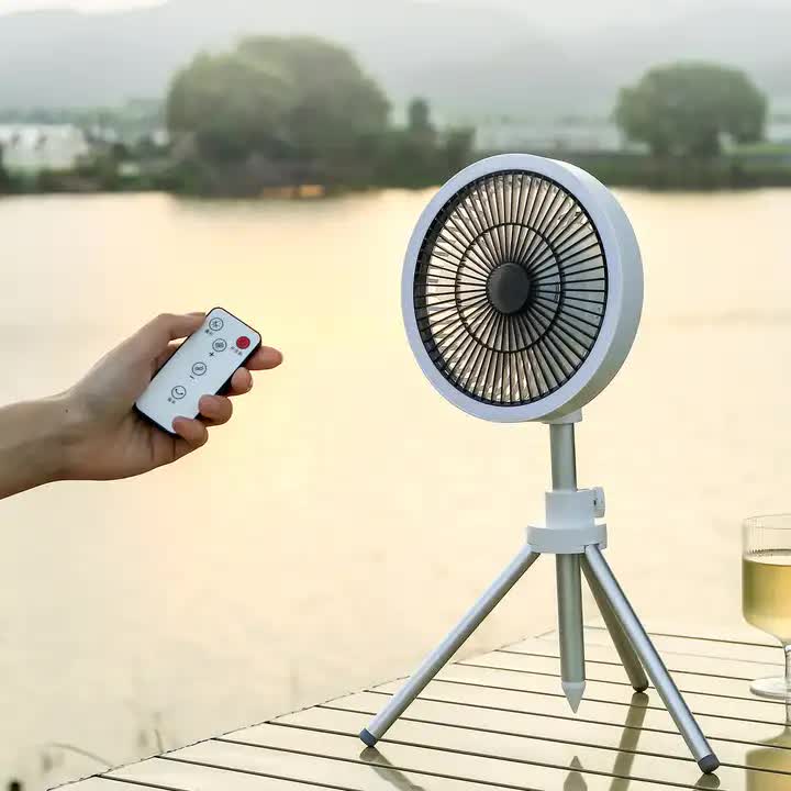 White Portable Outdoor Tripod Fan â€“ USB Rechargeable Camping Fan with Remote Control, Folding & Adjustable for Outdoor Activities and Travel