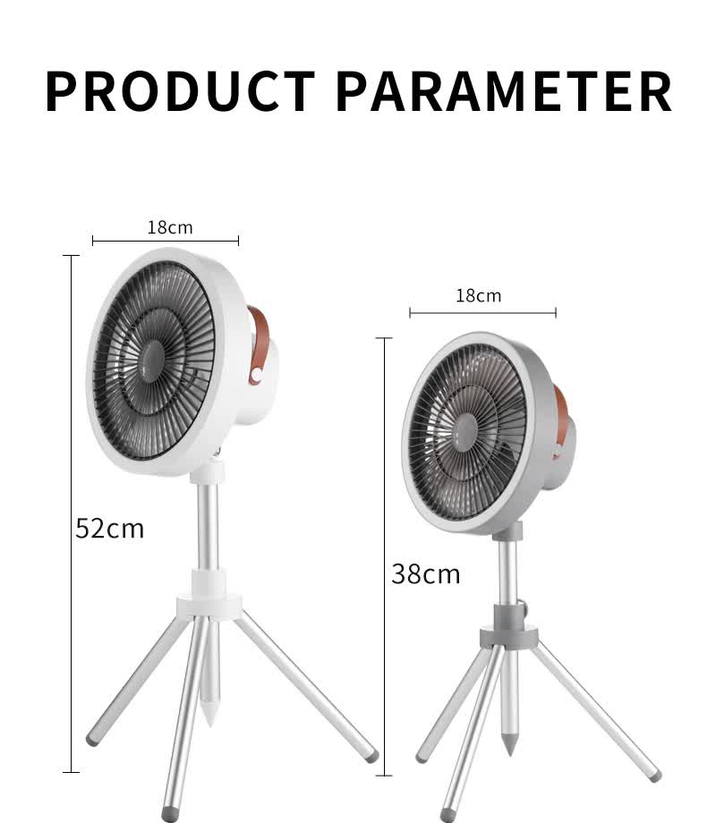 White Portable Outdoor Tripod Fan â€“ USB Rechargeable Camping Fan with Remote Control, Folding & Adjustable for Outdoor Activities and Travel