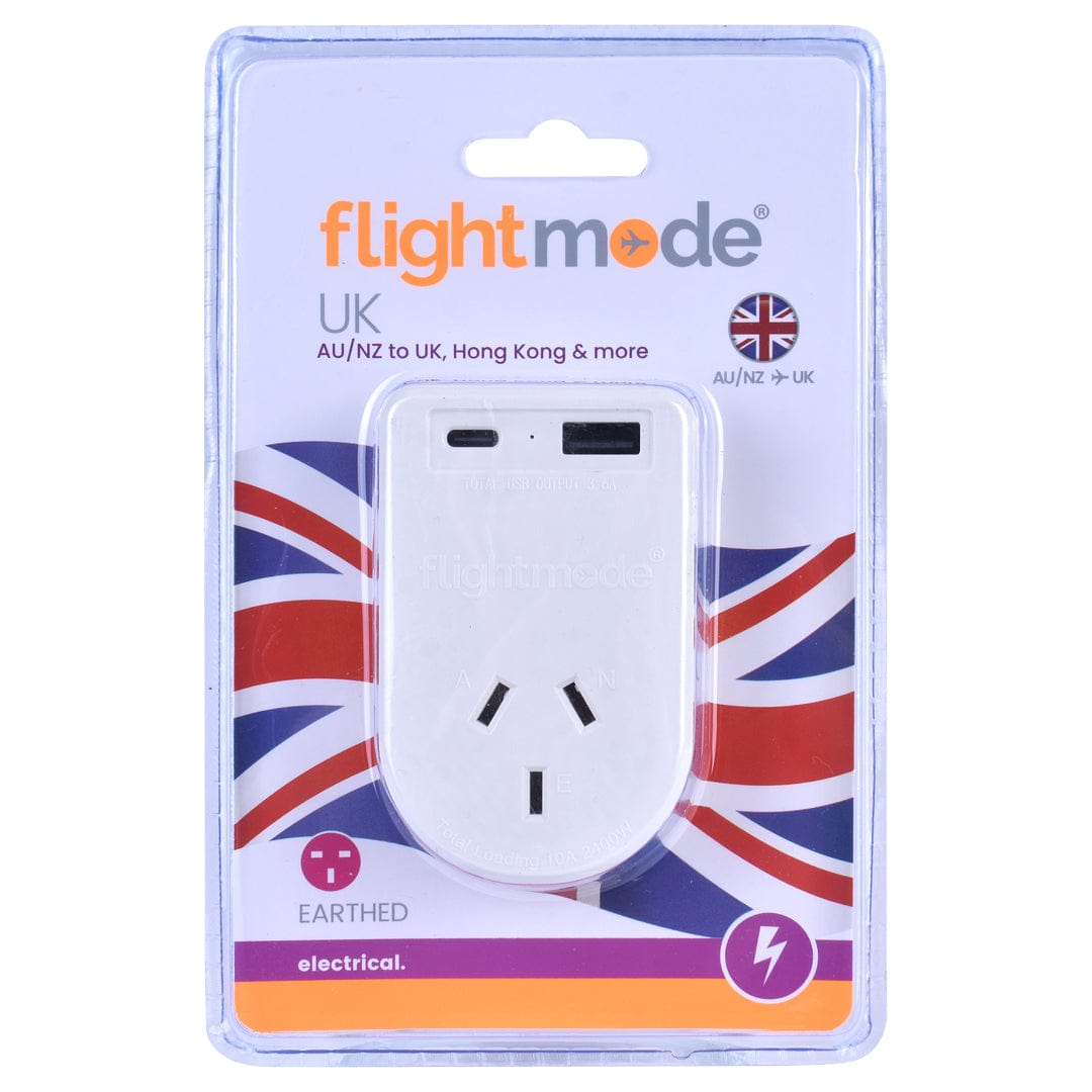 Flightmode Outbound AU/NZ to UK/HONG KONG Travel Adaptor with USB Type C & A