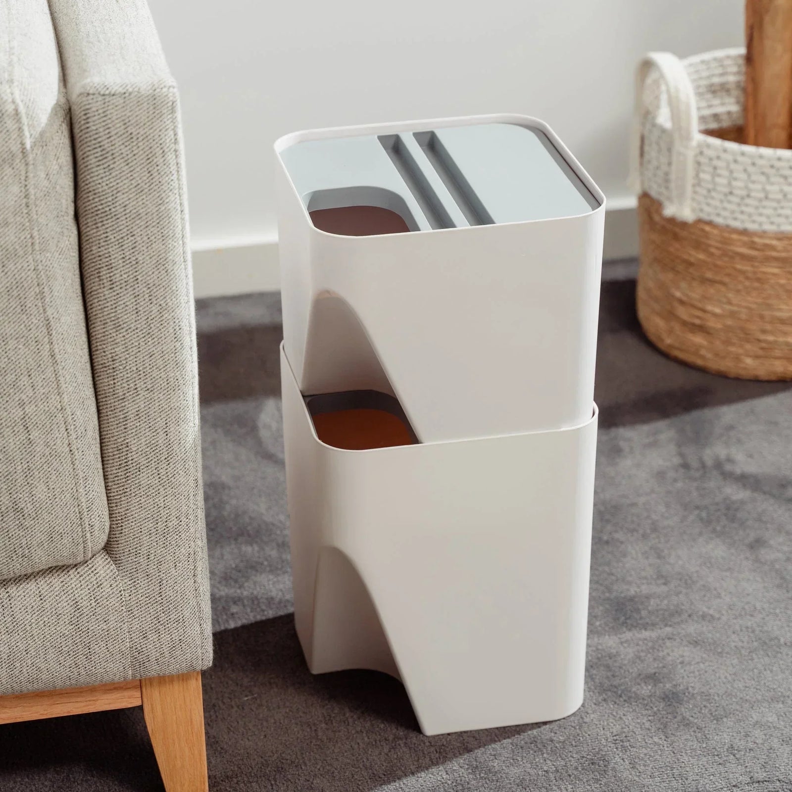 2 Pcs 12L+18L Stackable Plastic Kitchen Trash Bin Household Classification Storage Box