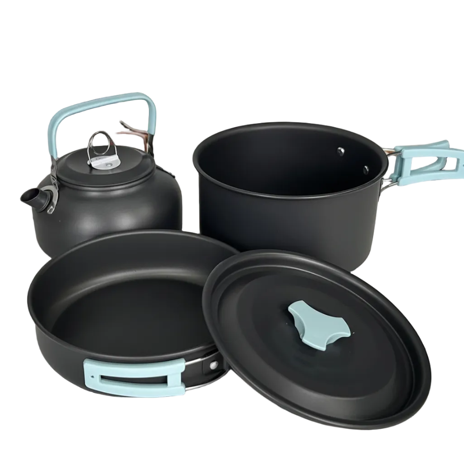 3Pcs Camping Cookware Set Anodised Aluminium Pot Kettle Frying Pan Kit