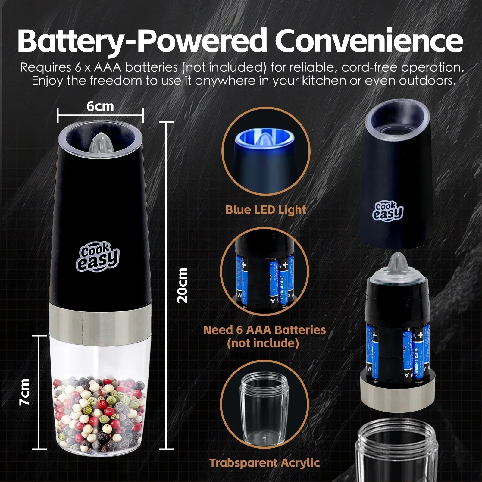 2 Pcs Gravity Sensor Electric Salt and Pepper Spice Grinder