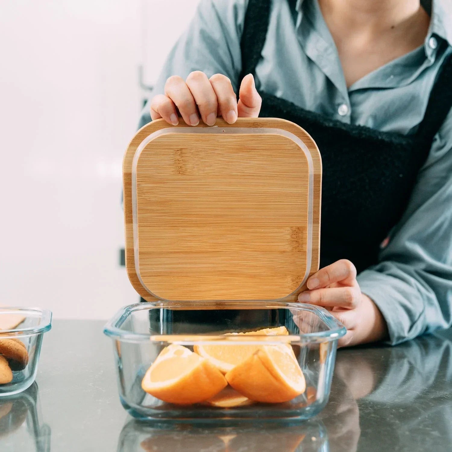 6 Pcs Medium Bamboo Food Containers – Clear Glass with Bamboo Lids