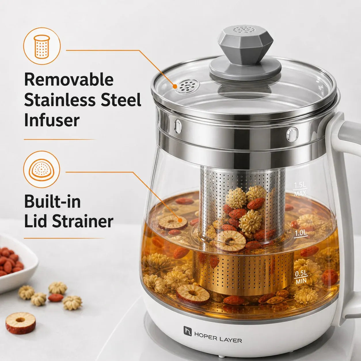 HOPER LAYER FA-K1501 Electric Glass Tea Kettle 1.5L Tea Maker SAA Certified
