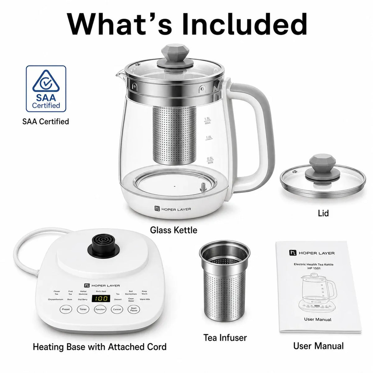 FA-K1501 Electric Glass Tea Kettle 1.5L Tea Maker SAA Certified