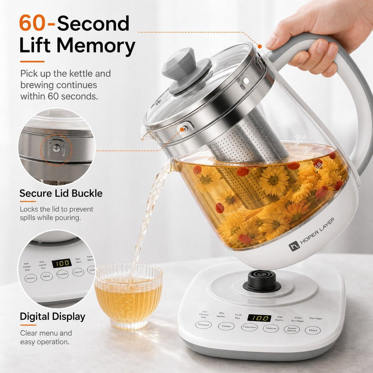FA-K1501 Electric Glass Tea Kettle 1.5L Tea Maker SAA Certified