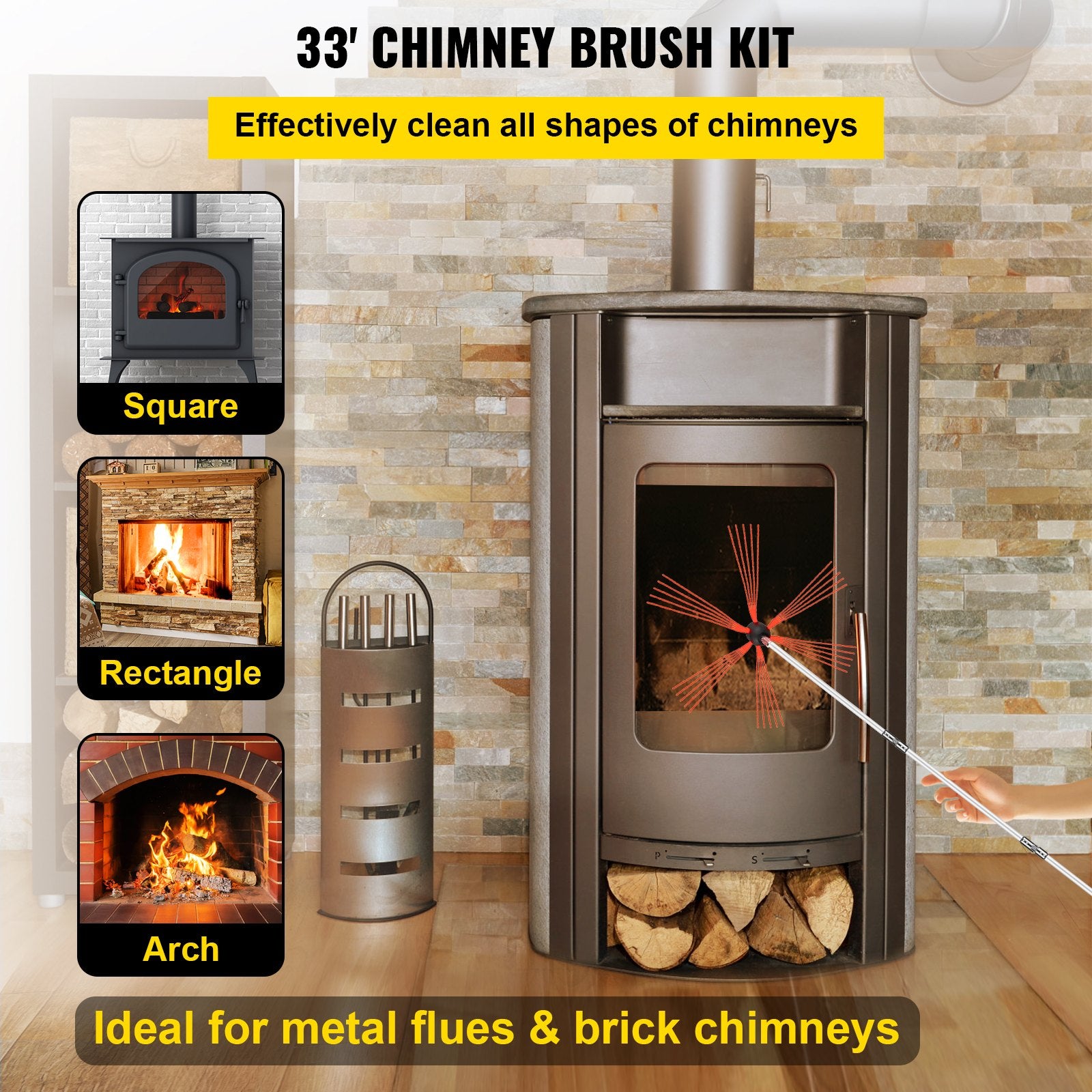 Chimney Sweep Kit 33FT Chimney Cleaning Kit Nylon Sooteater Chimney Cleaning Kit Flexible Brush Head Chimney Sweeping Kit Easy Connecting Chimney Brush With 10 White Rods