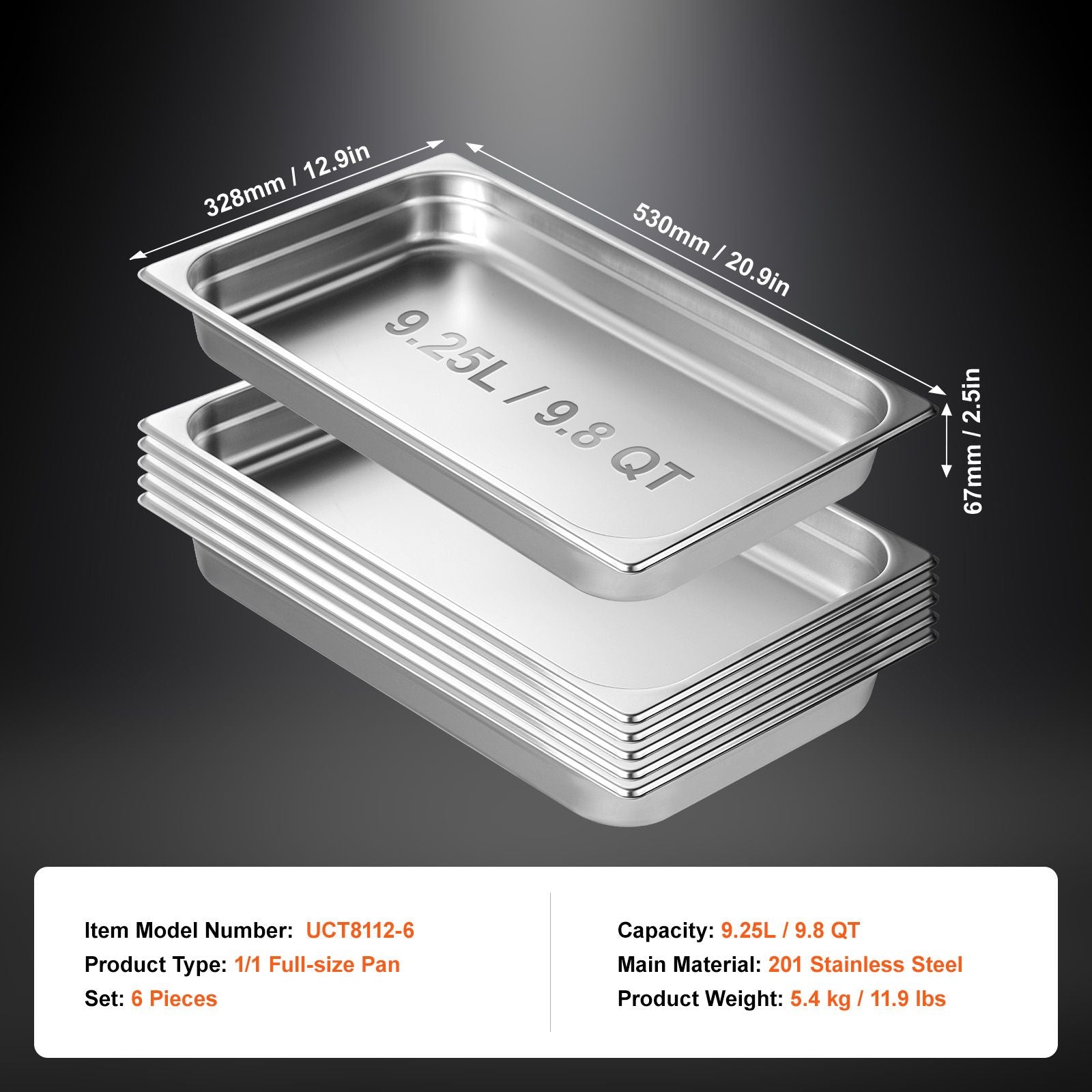 6 Pack Hotel Pans, Full Size Anti-Jam Steam Pan, 0.8mm Thick Stainless Steel Restaurant Steam Table Pan, 2.5-Inch Deep Commercial Table Pan, Catering Storage Food Pan, for Industrial & Scientifi