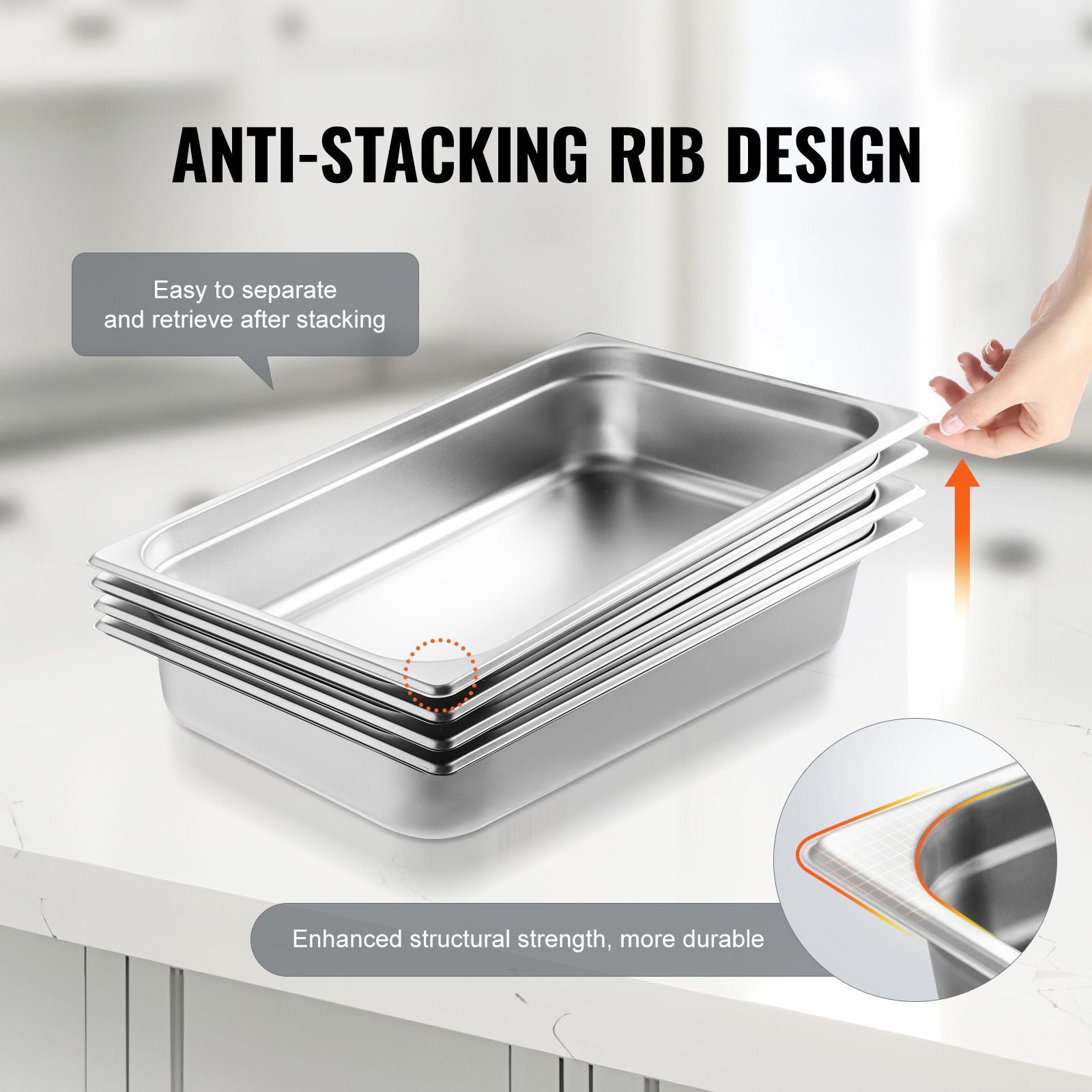 4 Pack Hotel Pans, Full Size Anti-Jam Steam Pan with Lid, 0.8mm Thick Stainless Steel Steam Table Pan, 4-Inch Deep Commercial Table Pan, Catering Storage Food Pan, for Industrial & Scientific