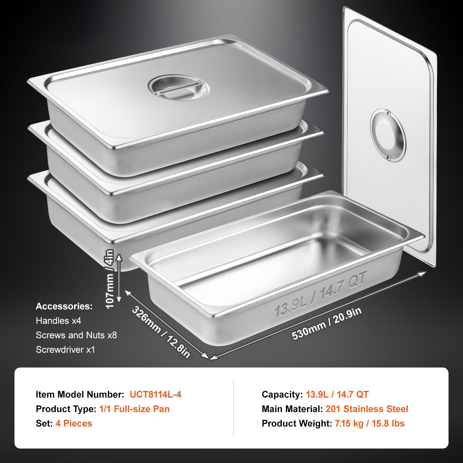 4 Pack Hotel Pans, Full Size Anti-Jam Steam Pan with Lid, 0.8mm Thick Stainless Steel Steam Table Pan, 4-Inch Deep Commercial Table Pan, Catering Storage Food Pan, for Industrial & Scientific