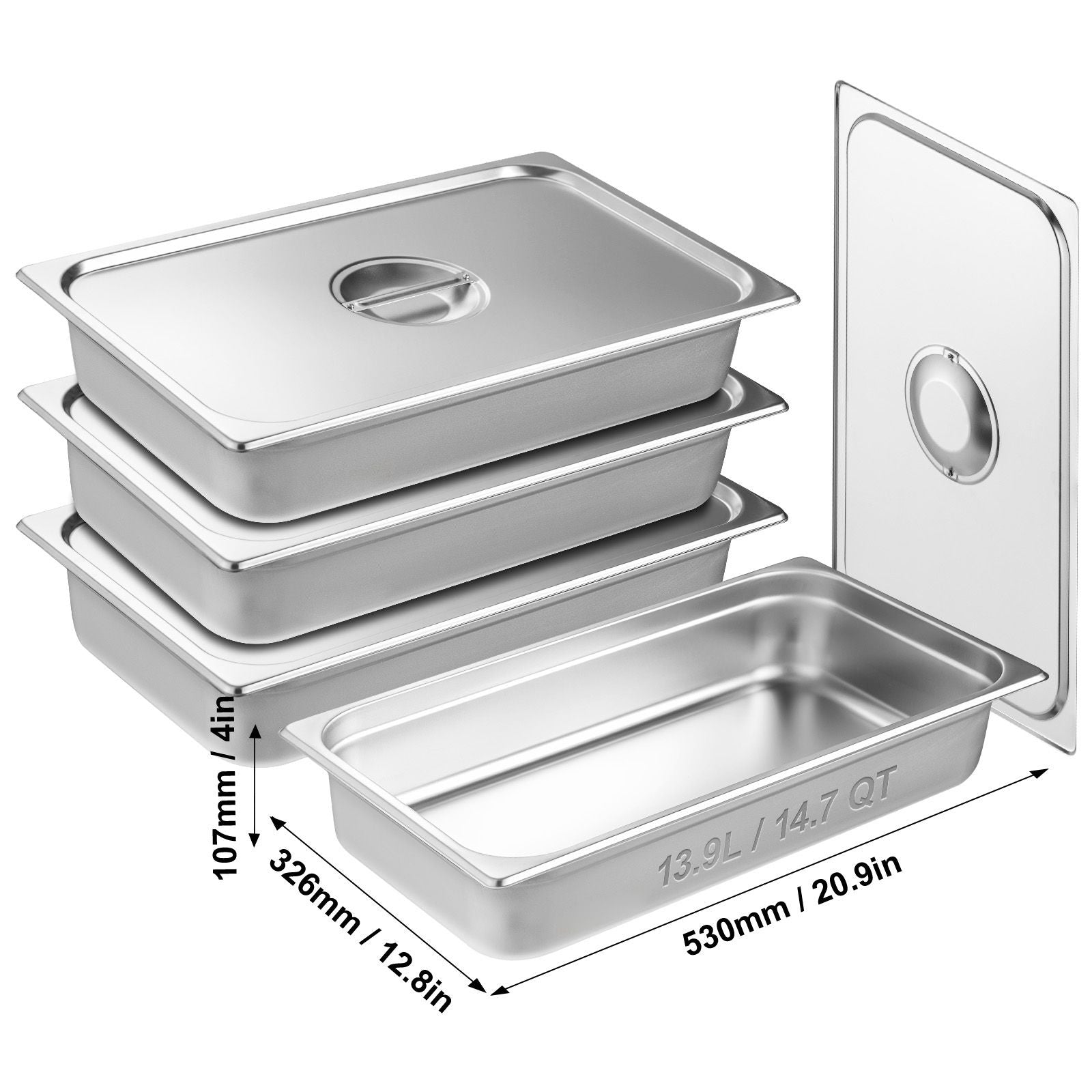 4 Pack Hotel Pans, Full Size Anti-Jam Steam Pan with Lid, 0.8mm Thick Stainless Steel Steam Table Pan, 4-Inch Deep Commercial Table Pan, Catering Storage Food Pan, for Industrial & Scientific