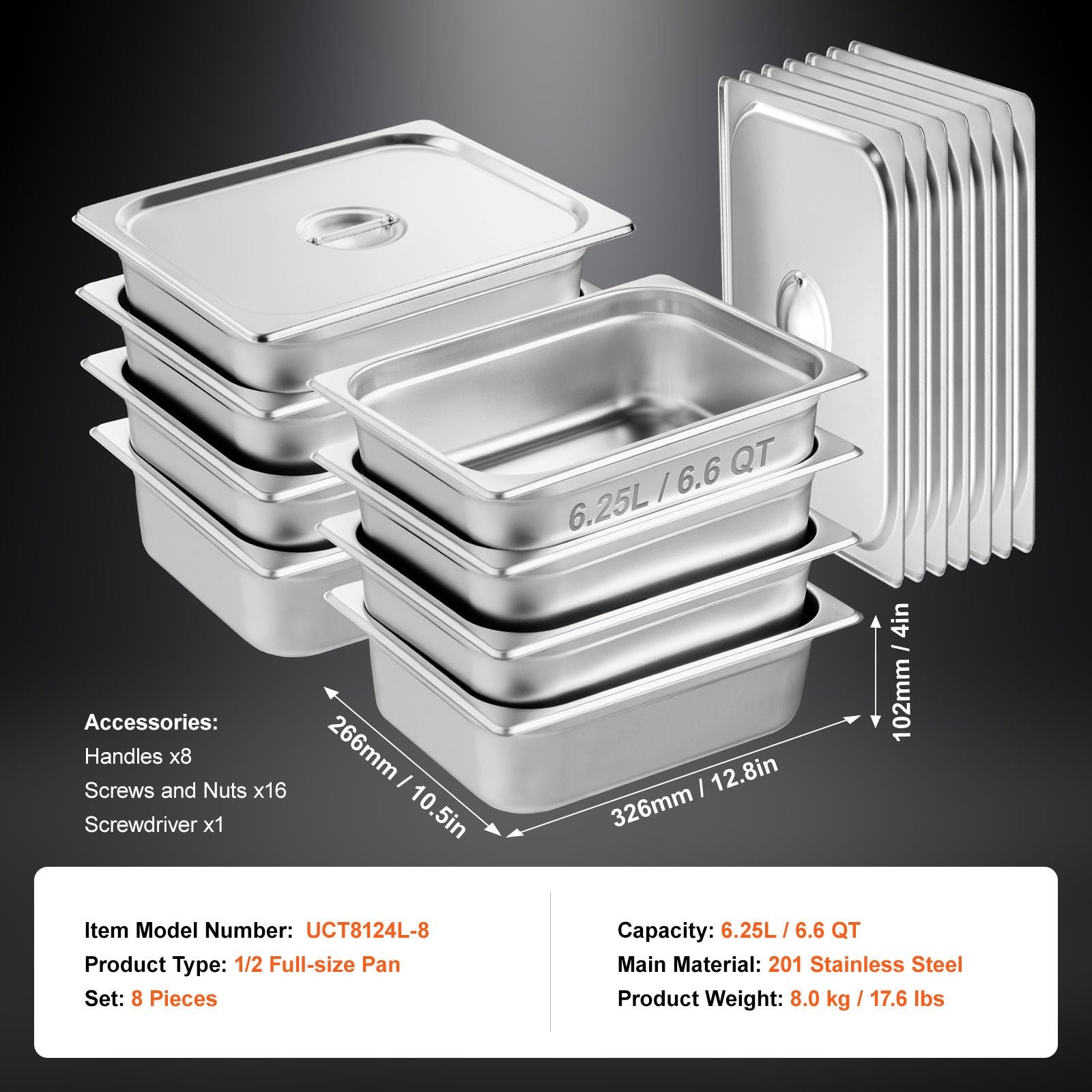 8 Pack Hotel Pans, 1/2 Size Anti-Jam Steam Pan with Lid, 0.8mm Thick Stainless Steel Steam Table Pan, 4-Inch Deep Commercial Table Pan, Catering Storage Food Pan, for Industrial & Scientific