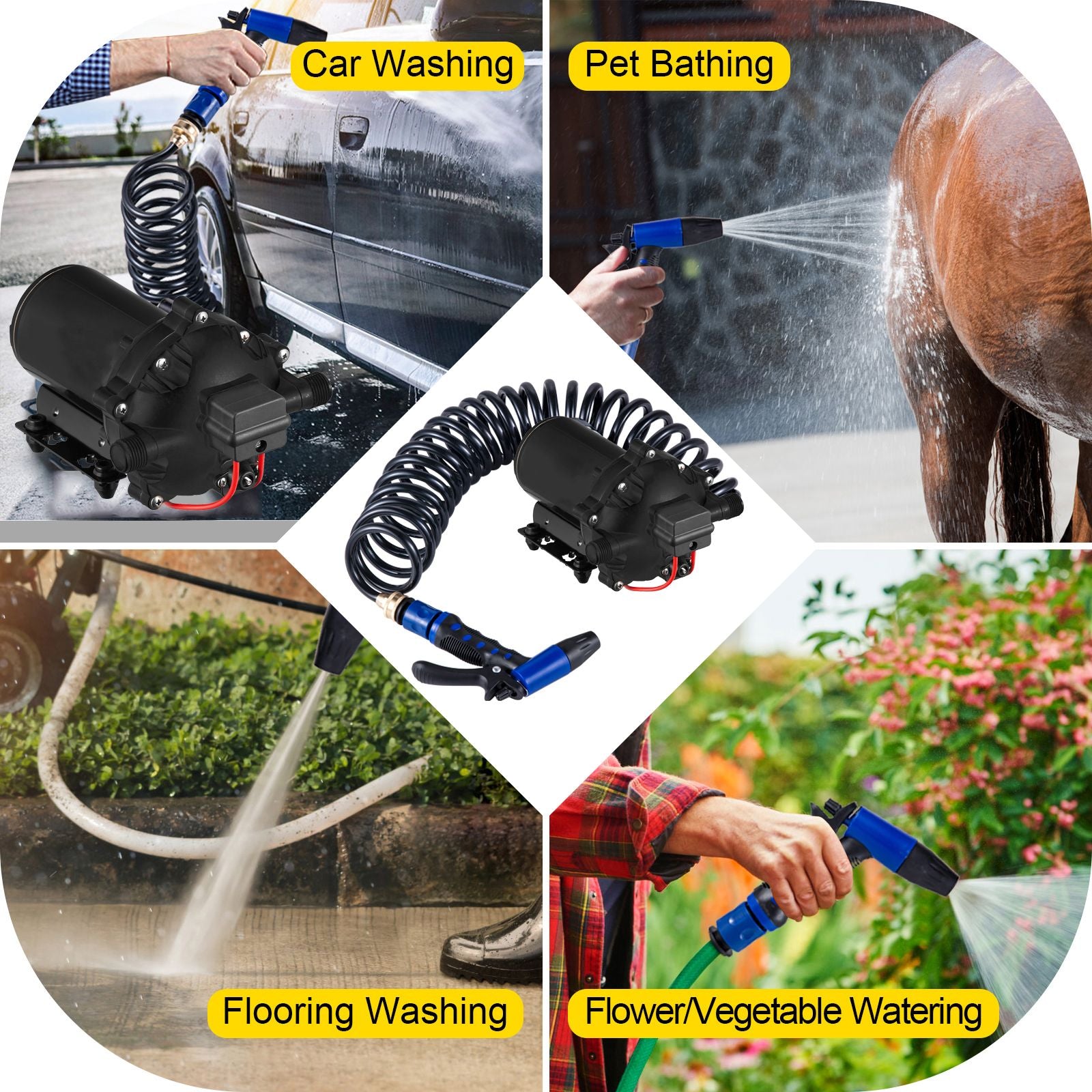 RV Water Pump 5.3 GPM 5.5 Gallons Per Minute 12V Water Pump Automatic 70 PSI Diaphragm Pump with 25 Foot Coiled Hose Washdown Pumps for Boats Caravan Rv Marine Yacht