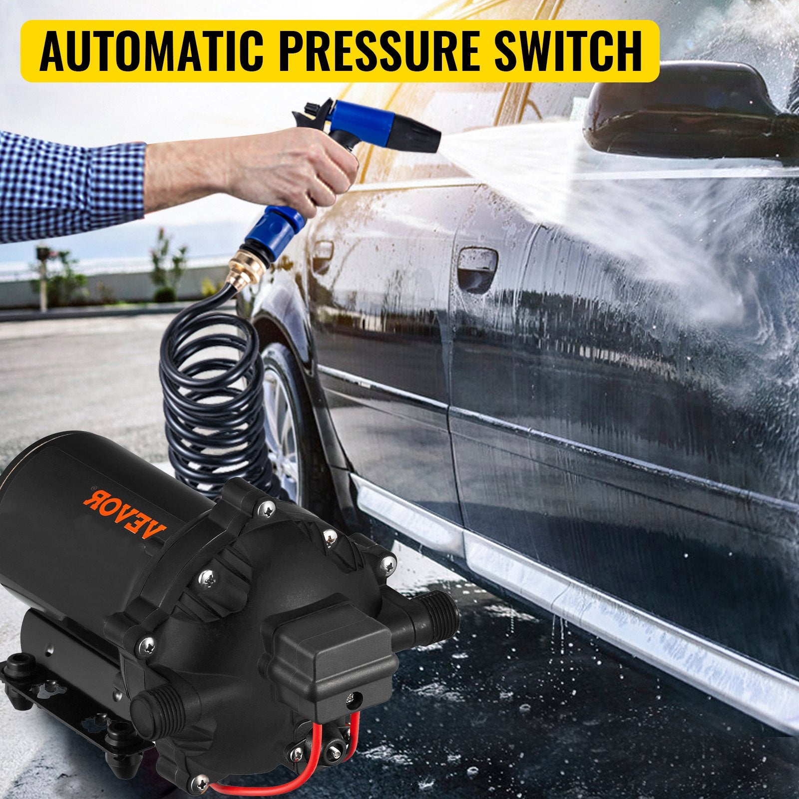 RV Water Pump 5.3 GPM 5.5 Gallons Per Minute 12V Water Pump Automatic 70 PSI Diaphragm Pump with 25 Foot Coiled Hose Washdown Pumps for Boats Caravan Rv Marine Yacht