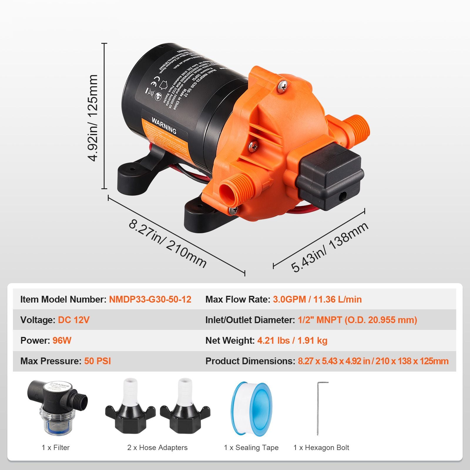 Diaphragm Pump 3GPM 11.36 L/min 3-Chamber Water Pump Pressure Switch