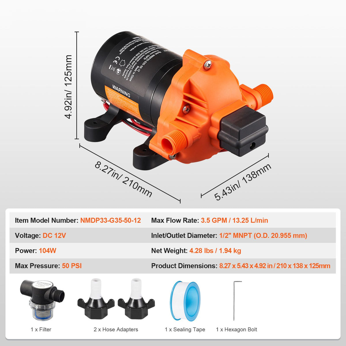 Diaphragm Pump 3.5GPM 13.25L/min 3-Chamber Water Pump Pressure Switch