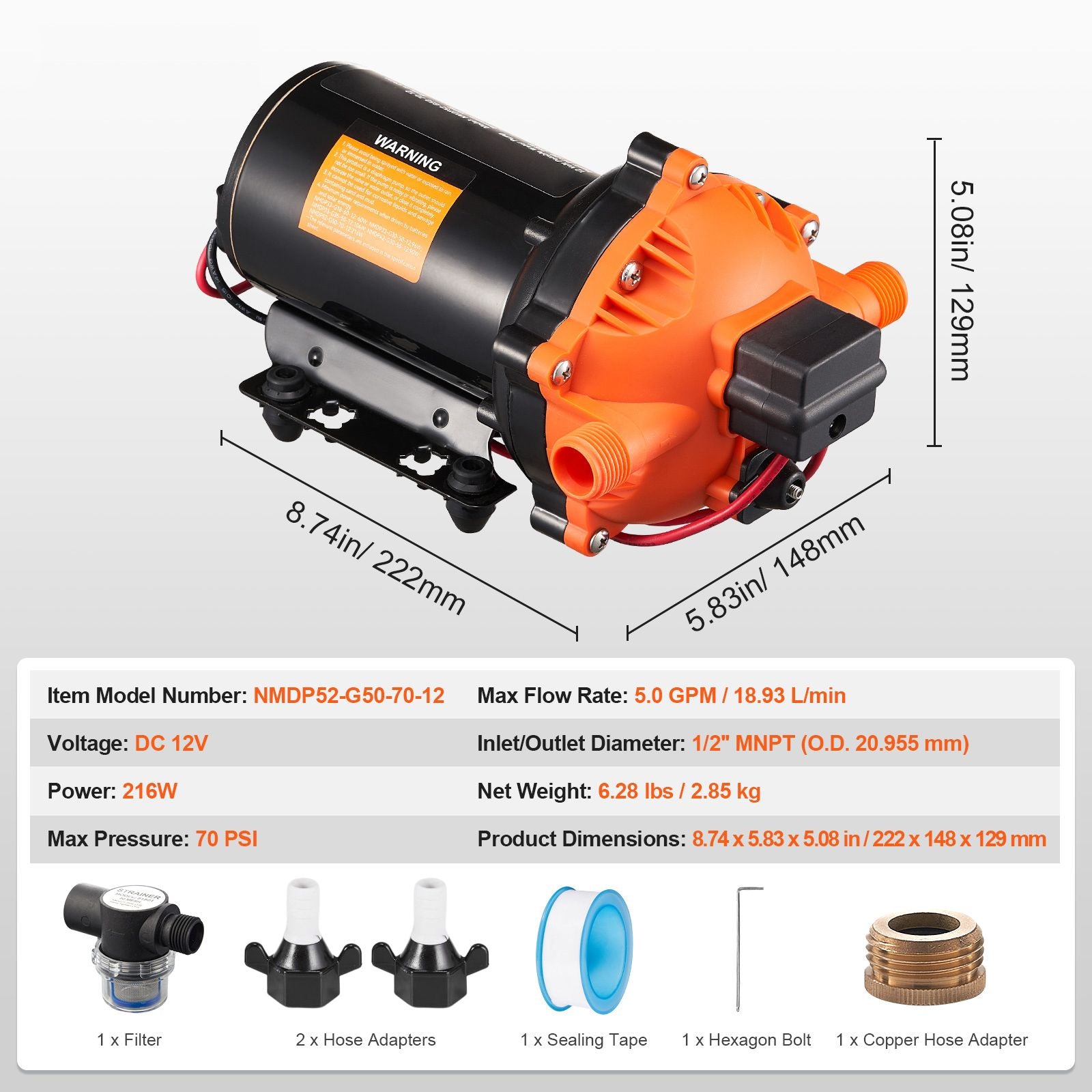Diaphragm Pump 5GPM 18.93 L/min 5-Chamber Water Pump Pressure Switch
