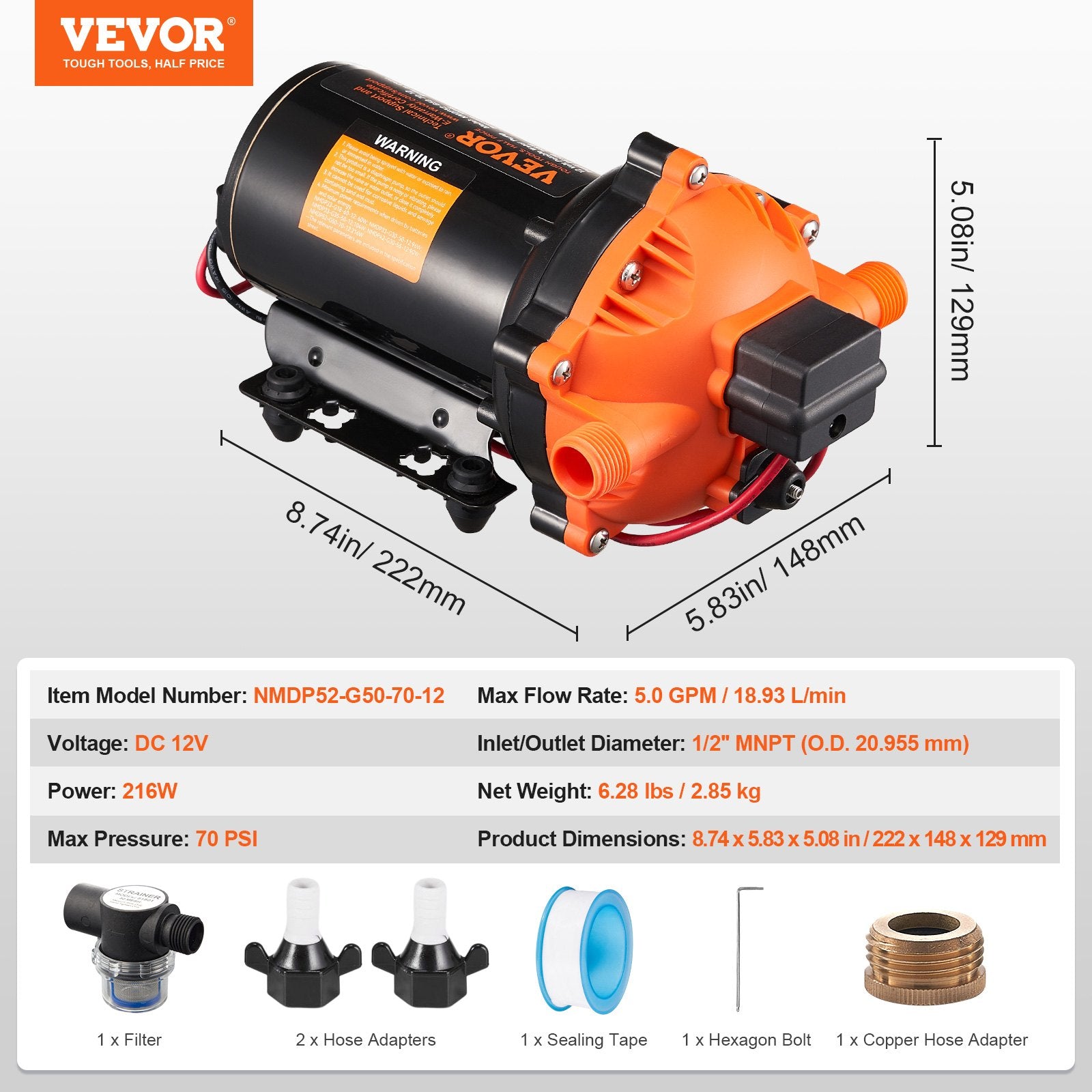 Diaphragm Pump 5GPM 18.93 L/min 5-Chamber Water Pump Pressure Switch